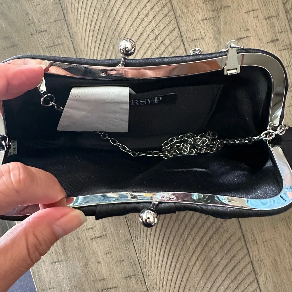 Chic Black Clutch with Silver‎ Chain and Crystal Accents